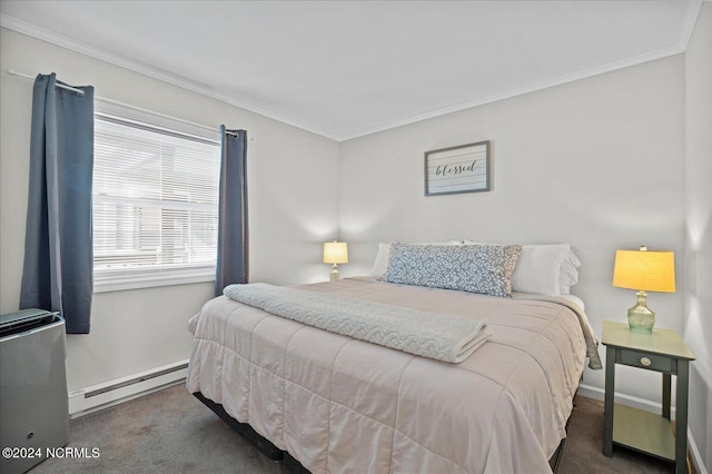 bedroom with carpet floors, ornamental molding, baseboard heating, and baseboards
