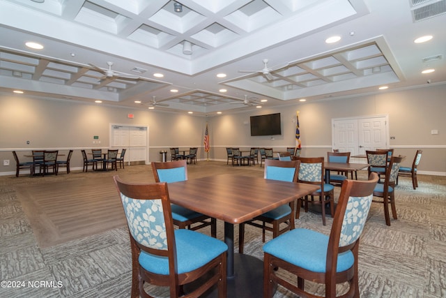 dining room featuring ceiling fan, beamed ceiling, carpet flooring, coffered ceiling, and crown molding