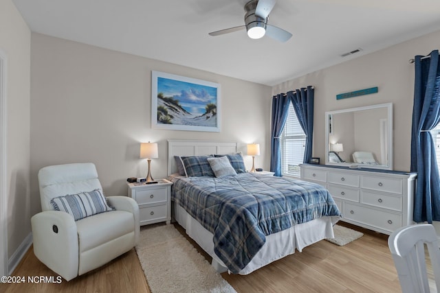 bedroom featuring ceiling fan and light hardwood / wood-style flooring