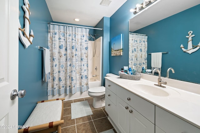 full bathroom featuring tile patterned flooring, shower / bathtub combination with curtain, toilet, and vanity