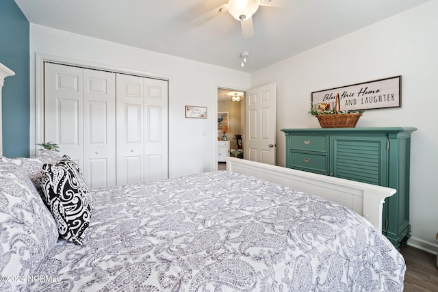 bedroom with ceiling fan, a closet, and dark hardwood / wood-style floors