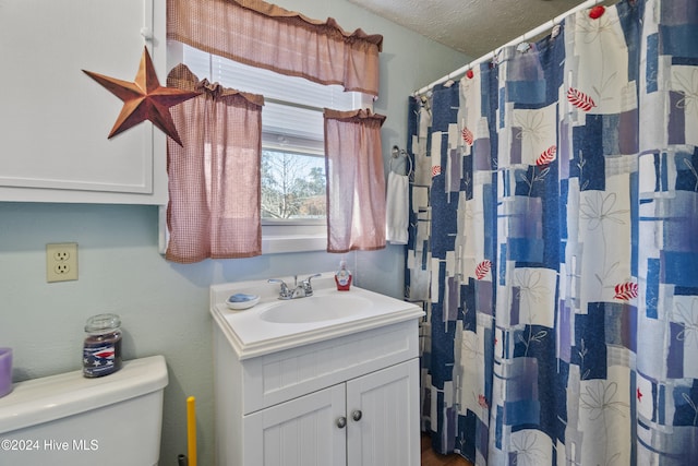 bathroom featuring vanity, a textured ceiling, and toilet