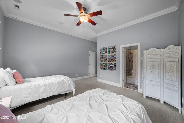 carpeted bedroom with ceiling fan and ornamental molding