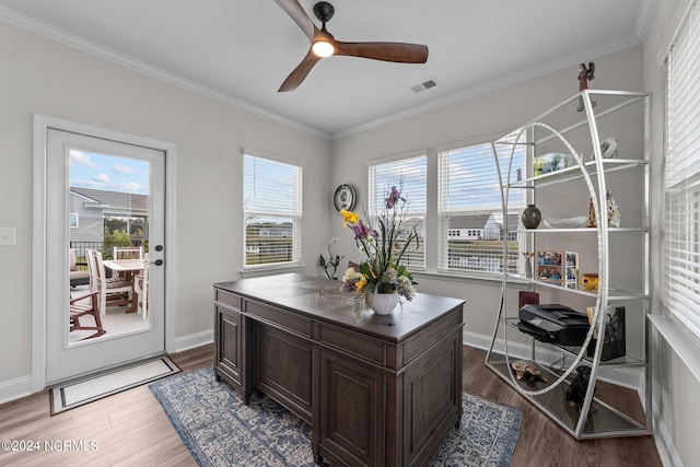 office area featuring ornamental molding, dark hardwood / wood-style floors, and ceiling fan