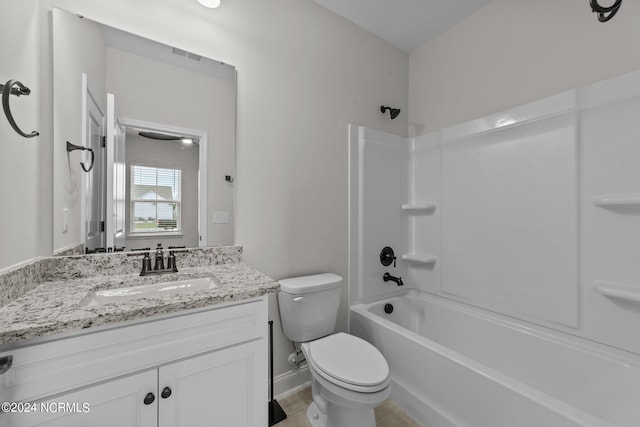 full bathroom with vanity, toilet, shower / tub combination, and tile patterned flooring