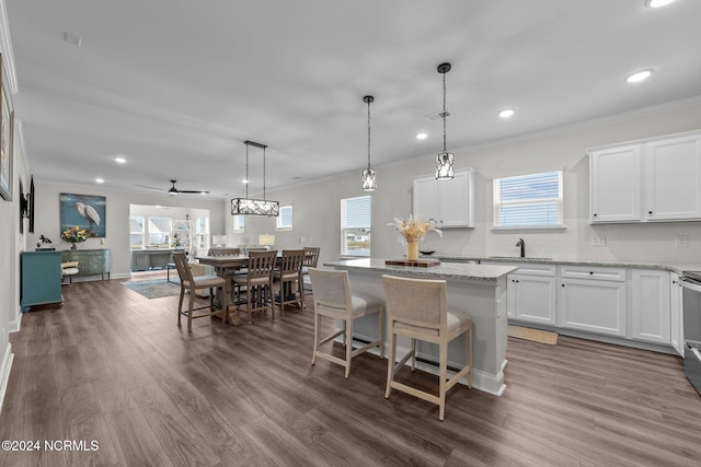 kitchen with sink, a kitchen island, hanging light fixtures, white cabinetry, and dark wood-type flooring