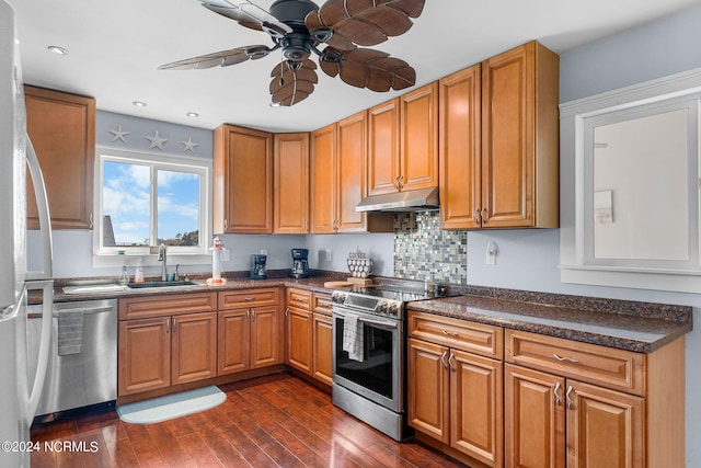 kitchen featuring decorative backsplash, ceiling fan, sink, stainless steel appliances, and dark hardwood / wood-style floors