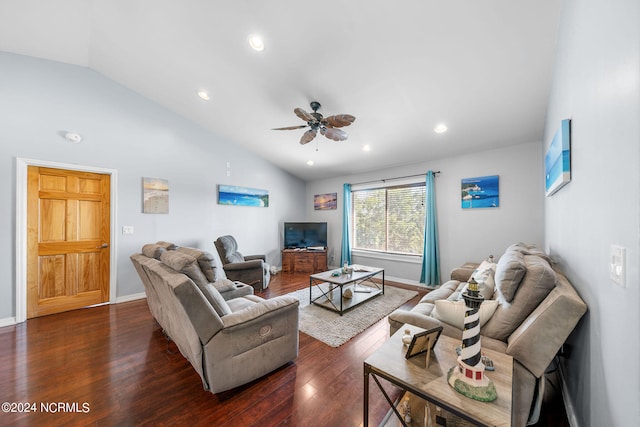 living room featuring ceiling fan, vaulted ceiling, and dark hardwood / wood-style flooring