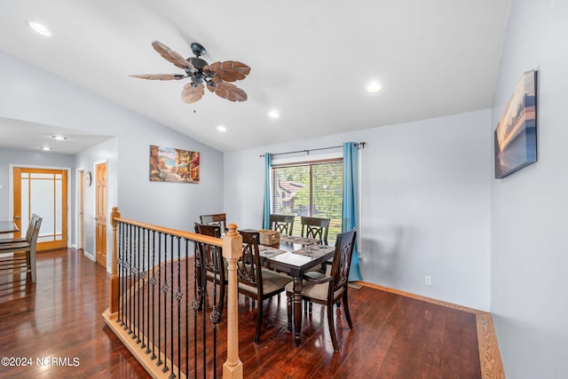 dining area featuring vaulted ceiling, dark hardwood / wood-style flooring, and ceiling fan