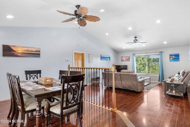 dining area with ceiling fan, dark hardwood / wood-style flooring, and high vaulted ceiling