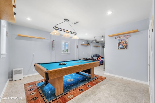 playroom with pool table and ceiling fan