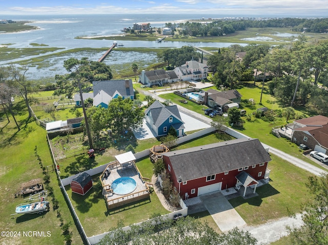 drone / aerial view featuring a water view