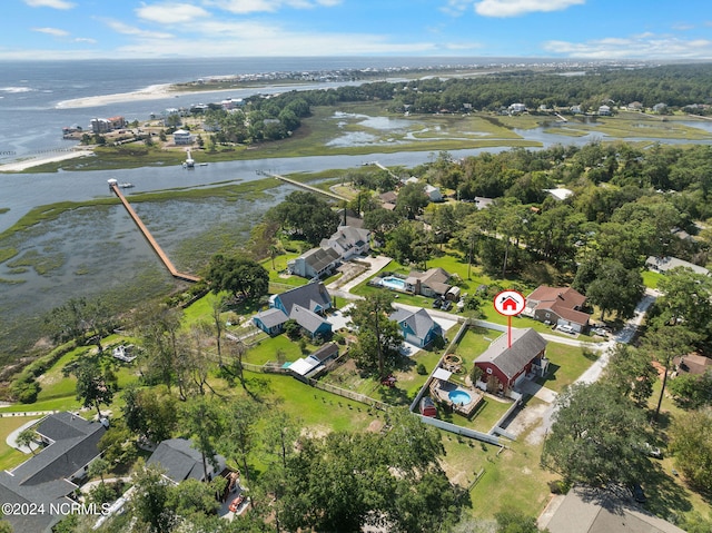 drone / aerial view featuring a water view