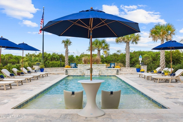 view of pool featuring pool water feature and a patio area