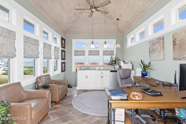 home office with wood ceiling, sink, ceiling fan, and high vaulted ceiling