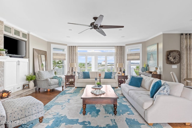 living room featuring ceiling fan, hardwood / wood-style floors, and ornamental molding