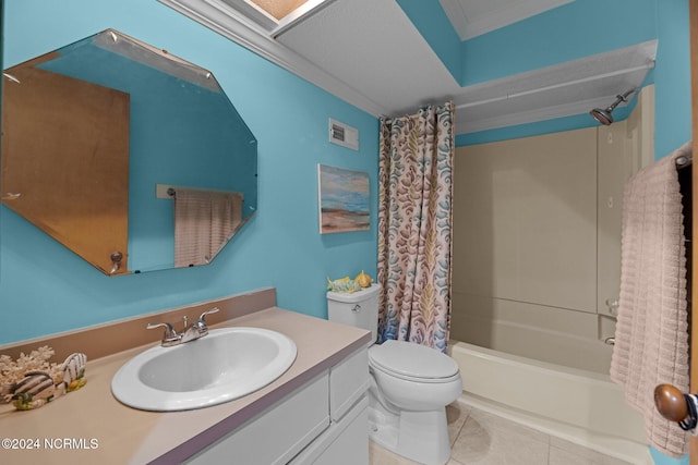 full bathroom with shower / tub combo, toilet, ornamental molding, vanity, and tile patterned flooring