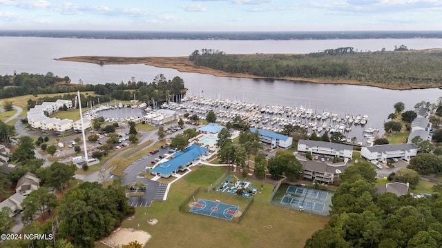 drone / aerial view with a water view