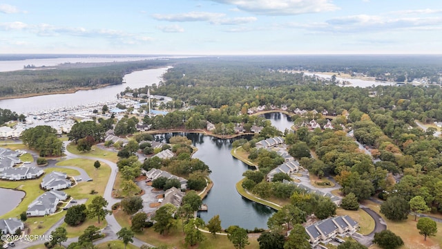 drone / aerial view featuring a water view