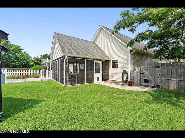 1204 Maple Ridge Rd, Wilmington, NC 28411 - back of property with a gate, a sunroom, a fenced backyard, and roof with shingles