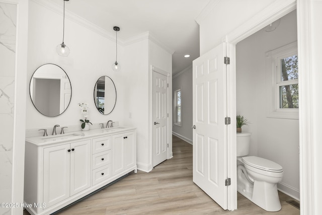 10002 Coast Guard Rd, Emerald Isle, NC 28594 - bathroom featuring toilet, wood finished floors, double vanity, baseboards, and ornamental molding
