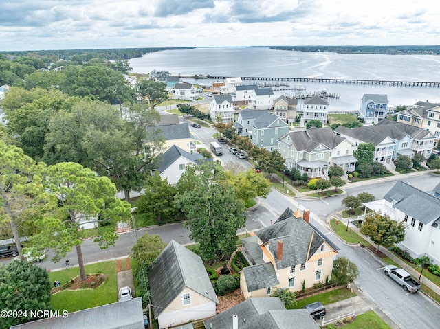 drone / aerial view with a water view