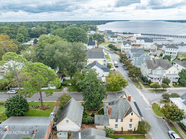 drone / aerial view with a water view