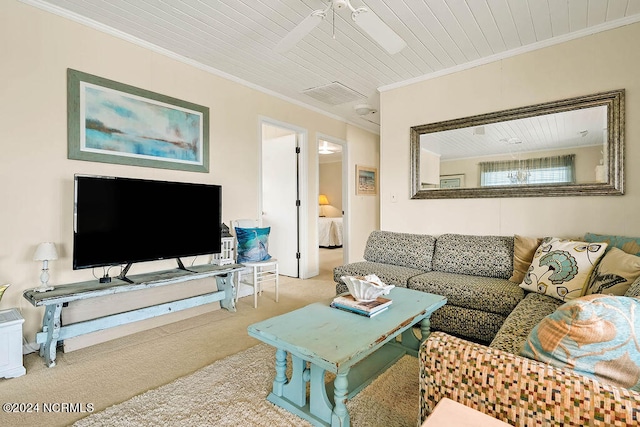 carpeted living room with ceiling fan, ornamental molding, and wooden ceiling