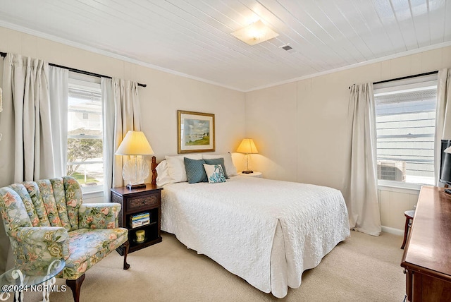 carpeted bedroom featuring ornamental molding, multiple windows, cooling unit, and wooden ceiling