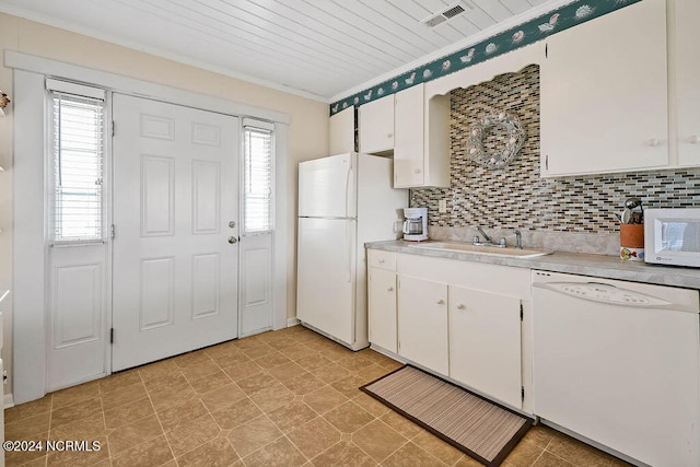 kitchen featuring wood ceiling, tasteful backsplash, white appliances, sink, and white cabinetry