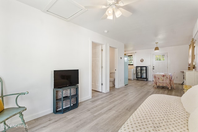 living room featuring ceiling fan and light hardwood / wood-style floors