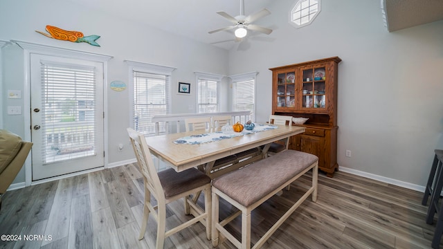 dining area featuring ceiling fan and hardwood / wood-style flooring