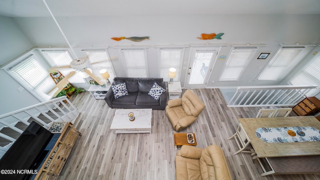 living room with wood-type flooring and a healthy amount of sunlight