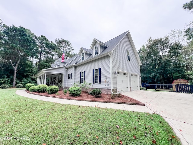 view of property exterior with a garage and a lawn