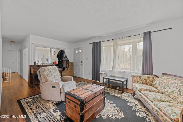 living room with dark wood-type flooring and a textured ceiling