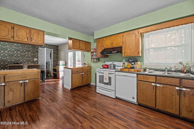 kitchen with sink, dark hardwood / wood-style floors, a textured ceiling, white appliances, and radiator heating unit