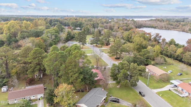 bird's eye view with a water view