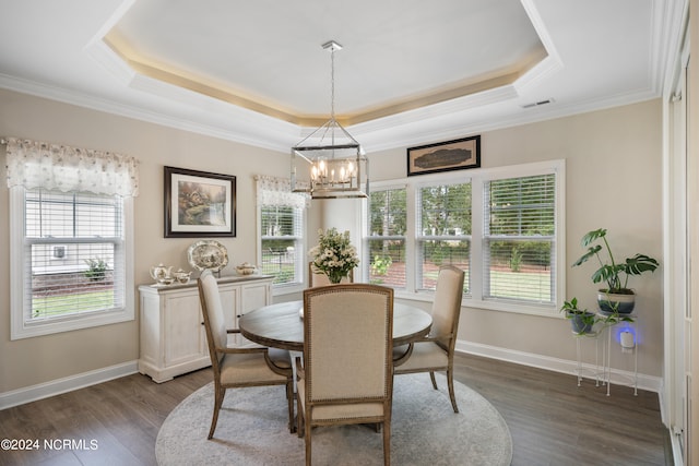 dining room featuring a raised ceiling, crown molding, dark hardwood / wood-style flooring, and a chandelier