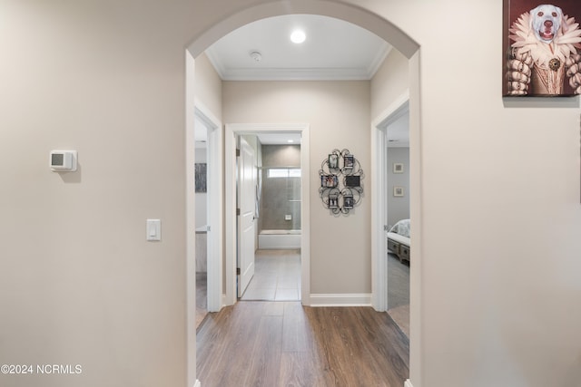 hall with ornamental molding and wood-type flooring