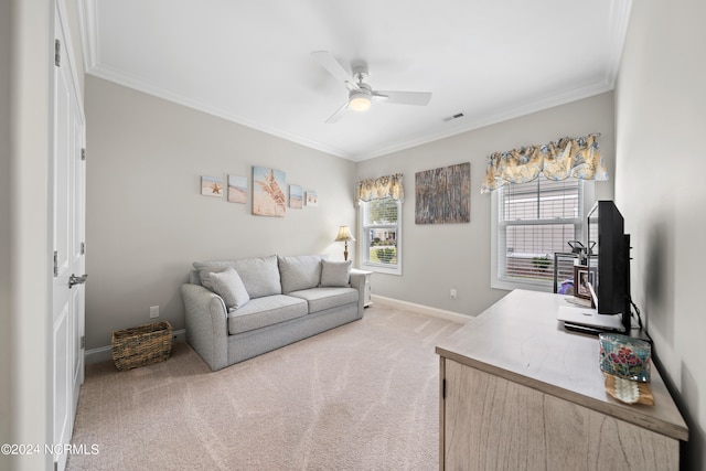 living room with crown molding, ceiling fan, light carpet, and plenty of natural light