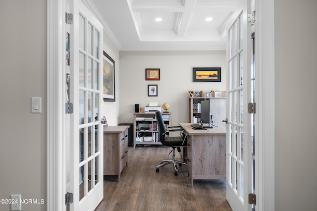 office space featuring beamed ceiling, ornamental molding, french doors, dark wood-type flooring, and coffered ceiling