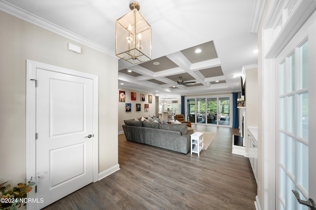 living room with beamed ceiling, coffered ceiling, ceiling fan with notable chandelier, crown molding, and dark hardwood / wood-style flooring