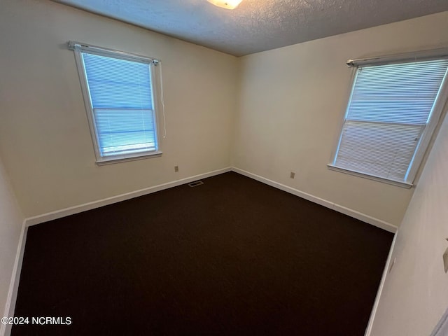 carpeted spare room with a textured ceiling