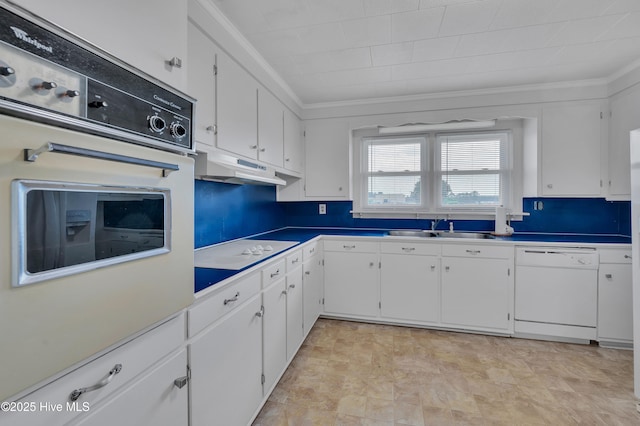 kitchen featuring white appliances, under cabinet range hood, ornamental molding, and a sink