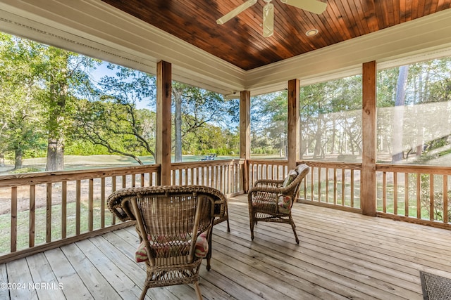 sunroom / solarium with wood ceiling and ceiling fan