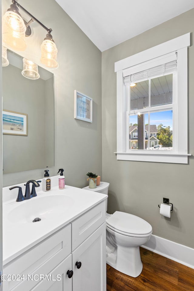 bathroom featuring hardwood / wood-style floors, vanity, and toilet