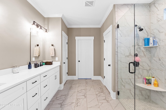 bathroom featuring vanity, an enclosed shower, and ornamental molding