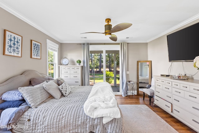 bedroom featuring access to exterior, ceiling fan, crown molding, and dark hardwood / wood-style floors