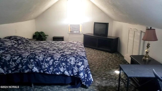 carpeted bedroom featuring vaulted ceiling