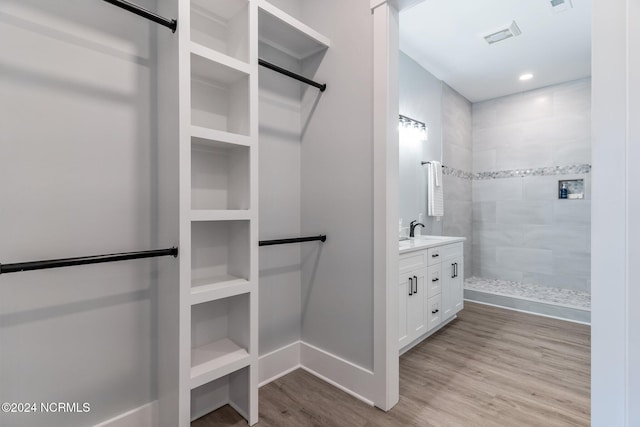 spacious closet with light hardwood / wood-style flooring and sink